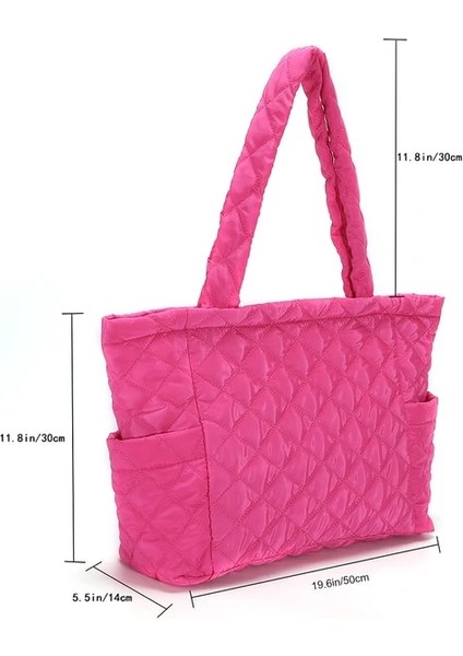 Pembe Büyük Kapasiteli Kafes Desen Omuz Çantası Uzay Pamuk Çanta Kadın Bez Çantalar Tüy Yastıklı Bayanlar Kapitone Alışveriş Çantası (Yurt Dışından)