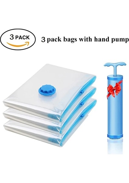3'lü Pompalı Torba Orta 50 x 70 cm Valfli Vakumlu Saklama Torbaları Şeffaf Katlanır Sıkıştırılmış Yerden Tasarruflu Seyahat Mühürlü Paket Organizatörleri Havlu Bez Battaniye Için (Yurt Dışından)