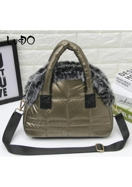 Altın 34X25X14CM Kış Kadın Sıcak Uzay Pamuk Kabuk Çanta 2020 Yeni Tasarımcı Tavşan Kürk Çanta Marka Lüks Çanta Bayan Omuz Çantası (Yurt Dışından)