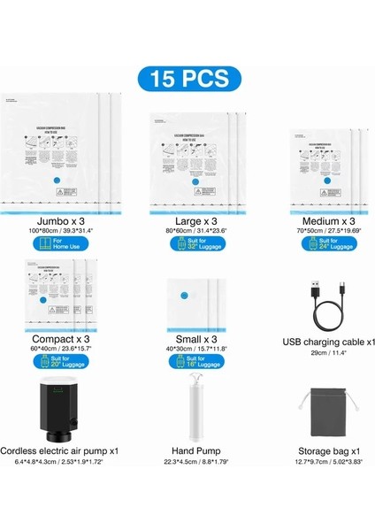 15 Torba ve Pompa Vakum Saklama Çantası Seyahat Saklama Çantası Elektrikli Pompa ile Katlanır Sıkıştırılmış Organizatör Space Saver Sızdırmazlık Giysi Yorgan (Yurt Dışından)