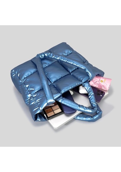 Mavi Uzay Pamuk Kadın Omuz Çantası Kapitone Yastıklı Yumuşak Çanta Kış Kabarık Tasarımcı Koltuk Altı Çanta Büyük Kapasiteli Aşağı Tote Çantalar (Yurt Dışından) indirimleri