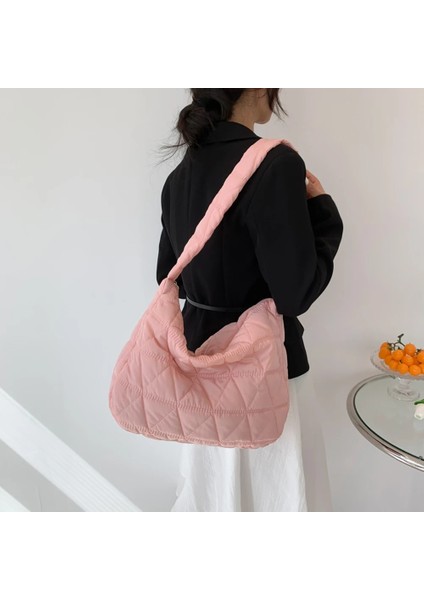 Beyaz Naylon Kafes Desen Omuz Çantası Uzay Pamuk Crossbody Çanta Bayanlar Büyük Kapasiteli Tote Çanta Tüy Yastıklı Kadın Kapitone Alışveriş Çantası (Yurt Dışından)