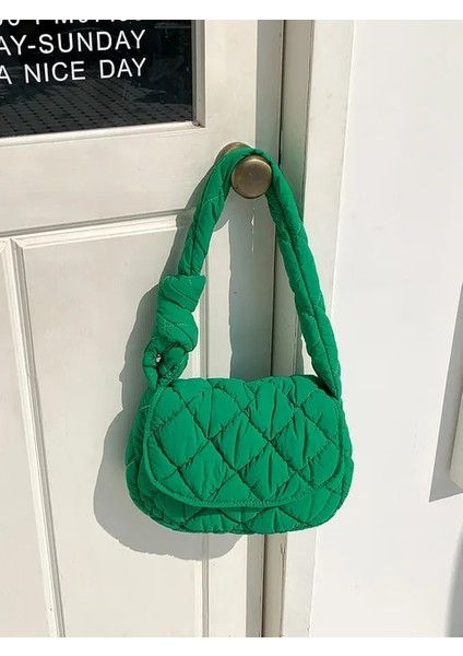 Yeşil 30X5.5X24CM Düğüm Askı Kadın Omuz Çantası Rahat Aşağı Kapitone Kadınlar Için Crossbody Çanta Lingge Yastıklı Tote Kış Uzay Pamuk Bulut Çanta Şık (Yurt Dışından)
