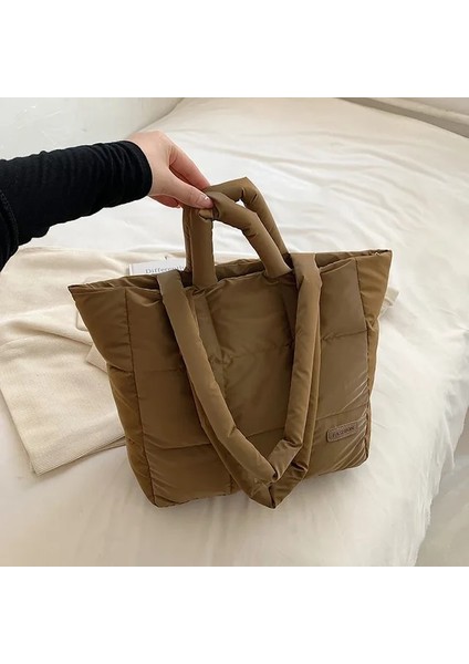 Kahverengi Tasarımcı Kabarık Omuz Çantası Kadın Kapitone Uzay Pamuk Aşağı Tüy Yastıklı Büyük Kapasiteli Çanta Kış Alışveriş Tote Bolsas (Yurt Dışından)