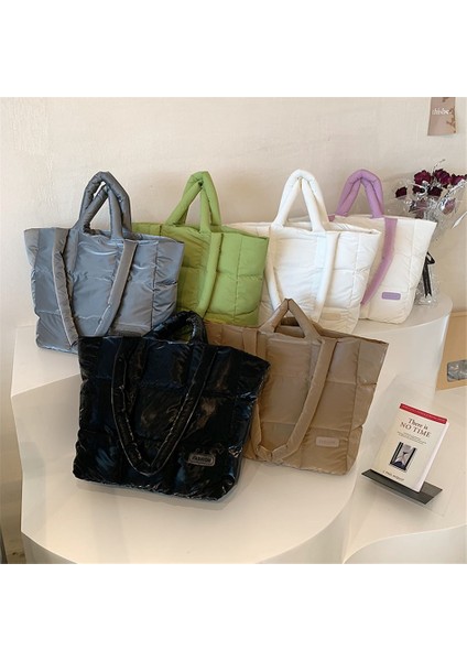 Kahverengi Tasarımcı Kabarık Omuz Çantası Kadın Kapitone Uzay Pamuk Aşağı Tüy Yastıklı Büyük Kapasiteli Çanta Kış Alışveriş Tote Bolsas (Yurt Dışından) indirimleri