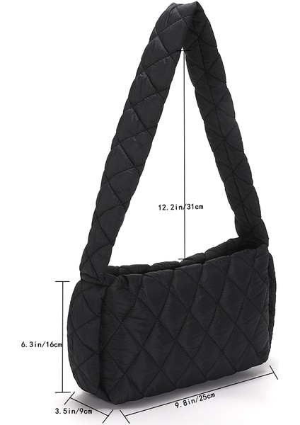 Siyah Pamuk Kafes Desen Omuz Çantası Uzay Pamuk Crossbody Çanta Bayanlar Büyük Kapasiteli Tote Çanta Tüy Yastıklı Kadın Kapitone Alışveriş Çantası (Yurt Dışından)