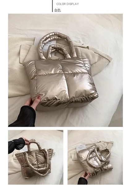 Altın 28 14 26 cm Miyagawa Kore Omuz Çantası Aşağı Pamuk Ceket Çanta Uzay Pamuk Taşınabilir Tote Kadın Çantası Moda Işe Gidiş Çantası Koltukaltı Çantası (Yurt Dışından)