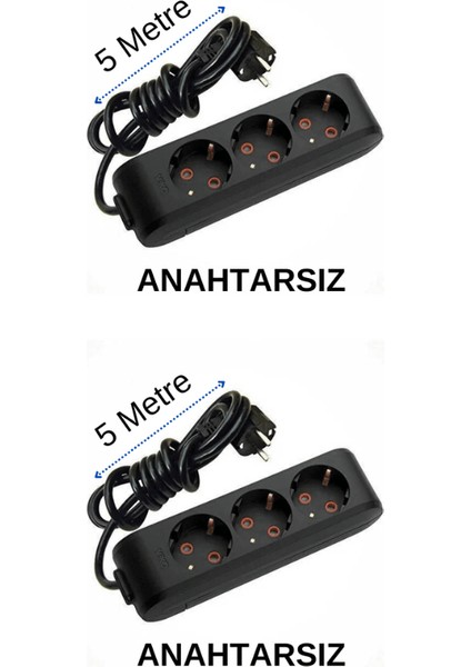 (3/'lü) Üçlü Priz Topraklı Kablolu Siyah 5 (Beş) Metre (2 Adet)