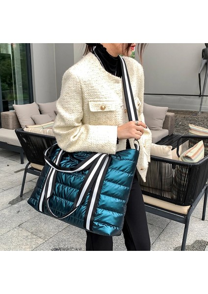 Stil 9 Gümüş Taşınabilir Kadın Uzay Yastıklı Naylon Messenger Tote Çanta Moda Sonbahar Kış Düz Renk Büyük Kapasiteli Fermuar Üst Saplı Çanta (Yurt Dışından) modelleri