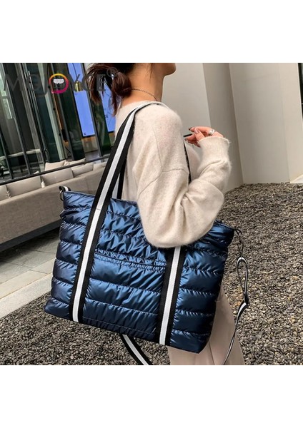 Stil 9 Gümüş Taşınabilir Kadın Uzay Yastıklı Naylon Messenger Tote Çanta Moda Sonbahar Kış Düz Renk Büyük Kapasiteli Fermuar Üst Saplı Çanta (Yurt Dışından) indirimleri