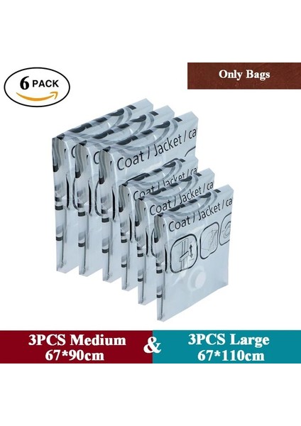 3 Orta ve 3 Büyük Askılı Dolap Vakum Saklama Torbaları Orta ve Büyük Boyutlu Organizatör Yerden Tasarruf Gardırop Sıkıştırılmış Askı Elbise Organizasyonu (Yurt Dışından)