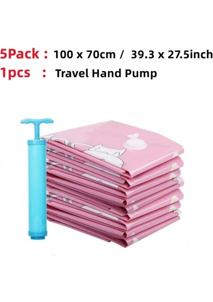 5 Paket 100X70 6- 10 Adet Vakum Poşeti Giysi Saklama Çantası Için Vana ile Pembe Karikatür Katlanır Sıkıştırılmış Organizatör Seyahat Yerden Tasarruf Sağlayan Mühür Paketi (Yurt Dışından)