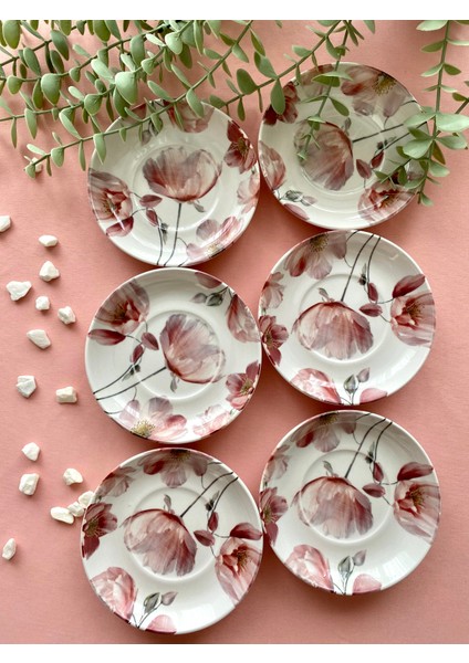 Pembe Çiçek Model 6’lı Çay Tabağı