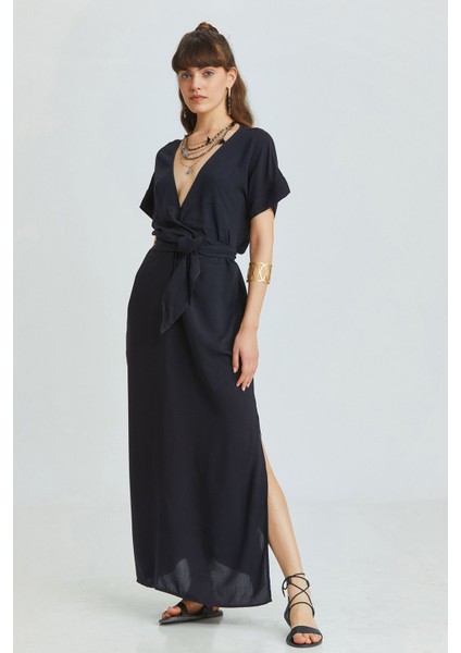 V Yakalı Önden Bağlamalı Uzun Elbise Siyah