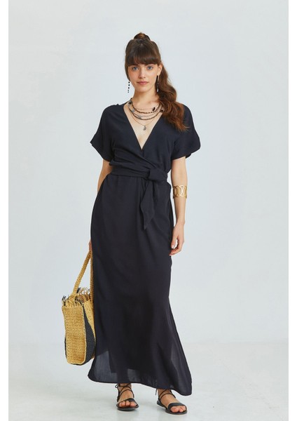 V Yakalı Önden Bağlamalı Uzun Elbise Siyah fiyatları