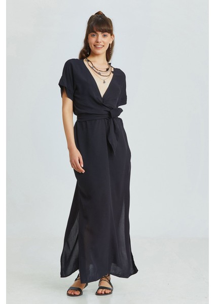V Yakalı Önden Bağlamalı Uzun Elbise Siyah modelleri