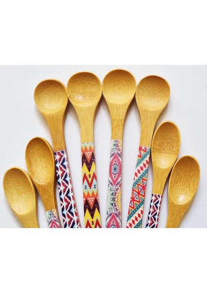 8'li Bambu Ahşap Desenli Spoon Bamboo Yuvarlak - Oval Ağızlı Tatlı Kaşığı Ölçü Kaşığı 13- 16CM Kaşık modelleri