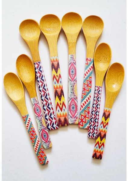 8'li Bambu Ahşap Desenli Spoon Bamboo Yuvarlak - Oval Ağızlı Tatlı Kaşığı Ölçü Kaşığı 13- 16CM Kaşık fırsatları