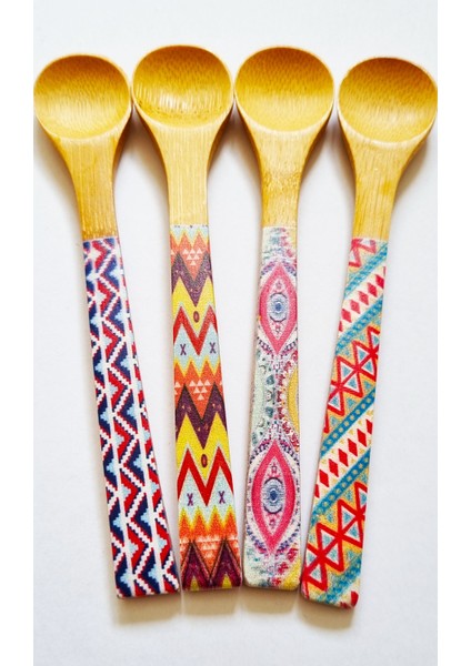 4'lü Bambu Ahşap Desenli Spoon Bamboo Yuvarlak Ağızlı Dondurma Kaşığı Ölçü Kaşığı 16CM Kaşık
