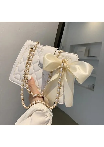 Beyaz Sonbahar Ipek Eşarp Çanta Kadın 2023 Yeni Trendy Moda Eşkenar Dörtgen Zincir Çanta Doku Tek Omuz Koltukaltı Çanta Messenger Çanta (Yurt Dışından)
