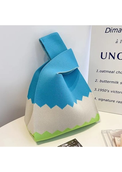 Gök Mavisi Beyaz Yeşil Mini Kadın Kızlar Omuz Çantası Minimalist Kore Niş Tasarım Tote Çanta El Yapımı Düğüm Bilek Çanta El Yapımı Yeniden Kullanılabilir Örgü Çanta (Yurt Dışından)