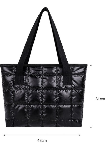 Siyah Uzay Yastıklı Pamuk Kadın Çanta Kış Sıcak Büyük Kapasiteli Moda Kadın Omuz Çantası Naylon Kapitone Kafes Üst Saplı Çanta (Yurt Dışından)