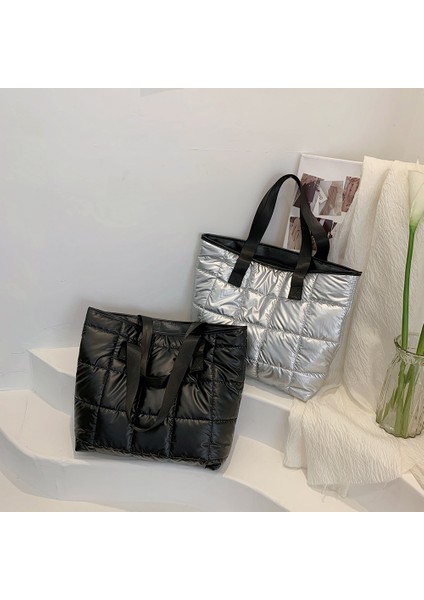 Siyah Uzay Yastıklı Pamuk Kadın Çanta Kış Sıcak Büyük Kapasiteli Moda Kadın Omuz Çantası Naylon Kapitone Kafes Üst Saplı Çanta (Yurt Dışından) indirimleri