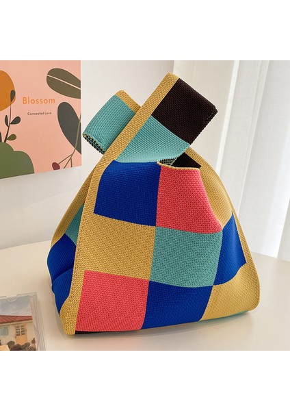 Style-47 20X35CM El Yapımı Örgü Çanta Kadın Mini Düğüm Bilek Çantası Kadın Rahat Renk Geniş Şerit Ekose Tote Çanta Öğrenci Yeniden Kullanılabilir Alışveriş Çantası (Yurt Dışından)