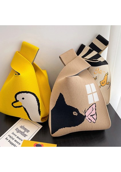Style-47 20X35CM El Yapımı Örgü Çanta Kadın Mini Düğüm Bilek Çantası Kadın Rahat Renk Geniş Şerit Ekose Tote Çanta Öğrenci Yeniden Kullanılabilir Alışveriş Çantası (Yurt Dışından) fiyatları