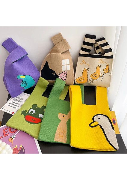 Style-47 20X35CM El Yapımı Örgü Çanta Kadın Mini Düğüm Bilek Çantası Kadın Rahat Renk Geniş Şerit Ekose Tote Çanta Öğrenci Yeniden Kullanılabilir Alışveriş Çantası (Yurt Dışından) modelleri