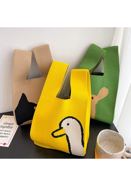 Style-47 20X35CM El Yapımı Örgü Çanta Kadın Mini Düğüm Bilek Çantası Kadın Rahat Renk Geniş Şerit Ekose Tote Çanta Öğrenci Yeniden Kullanılabilir Alışveriş Çantası (Yurt Dışından) fırsatları