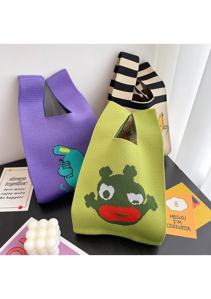 Style-47 20X35CM El Yapımı Örgü Çanta Kadın Mini Düğüm Bilek Çantası Kadın Rahat Renk Geniş Şerit Ekose Tote Çanta Öğrenci Yeniden Kullanılabilir Alışveriş Çantası (Yurt Dışından) indirimleri