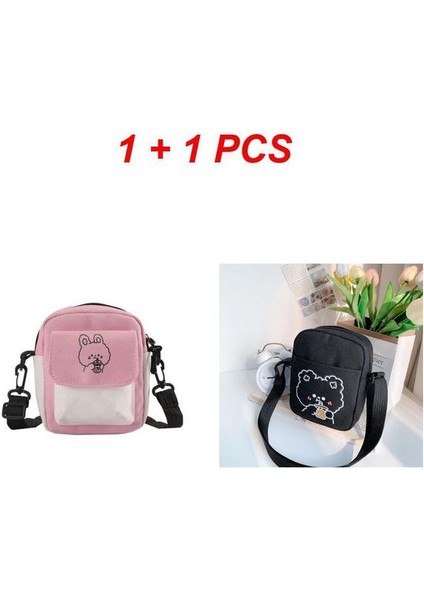 Pembe ve Siyah 16X13X2 Sevimli Kanvas Telefon Çanta Küçük Tavşan Karikatür Alışveriş Çantası Moda Kız Öğrenci Kız Kadınlar Için Crossbody Omuz Çantaları Çanta (Yurt Dışından)