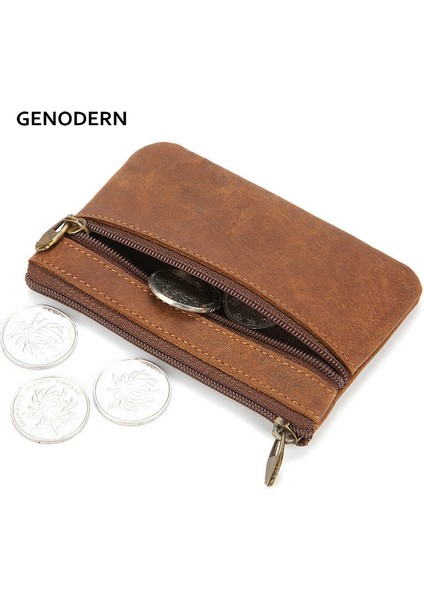 Küçük Açık Kahverengi Genodern Vintage Çılgın At Deri Erkek Bozuk Para Cüzdanı Hakiki Deri Fermuarlı Para Cüzdan Retro Anahtarlık Küçük Para Çantası (Yurt Dışından)