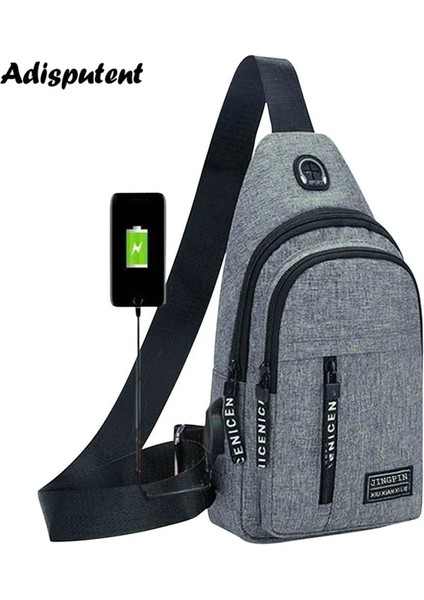 B-Gri Erkek Göğüs Çantası Kulaklık Delikli USB Şarj Çantaları Çok Fonksiyonlu Sling Çanta Anti Hırsızlık Seyahat Paketi Erkek Iş Omuz Çantaları (Yurt Dışından)