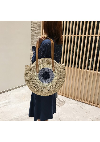 Açık Kahverengi Yaz Yuvarlak Hasır Kamış Örgü Çanta Renk Ekleme El Yapımı Dokuma Plaj Kadın Messenger Omuz Crossbody Bez Çantalar Çanta Seyahat (Yurt Dışından) indirimleri