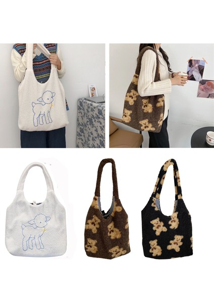 Beyaz Kumaş Omuz Çantası Büyük Kapasiteli Yumuşak Alışveriş Çantaları Kızlar Sevimli Okul Çantası Kadın Peluş Ayı Çanta (Yurt Dışından) modelleri