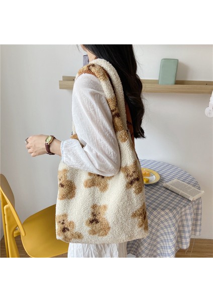 Beyaz Kumaş Omuz Çantası Büyük Kapasiteli Yumuşak Alışveriş Çantaları Kızlar Sevimli Okul Çantası Kadın Peluş Ayı Çanta (Yurt Dışından) fırsatları