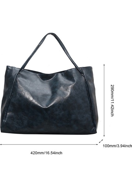 Mavi Kadın Moda Alışveriş Çantası Düz Renk Vintage Omuz Çantası Büyük Kapasiteli Tek Omuz Çantası Yumuşak Retro Tote Çanta Kova Çanta (Yurt Dışından)