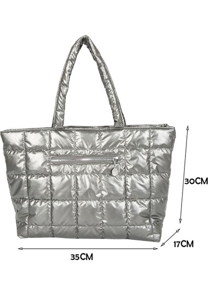 Gümüş Moda Kış Aşağı Naylon Yastıklı Çanta Kadın Büyük Kapasiteli Üst Saplı Çanta Düz Renk Crossbody Çanta Kadın Omuz Çantaları (Yurt Dışından)