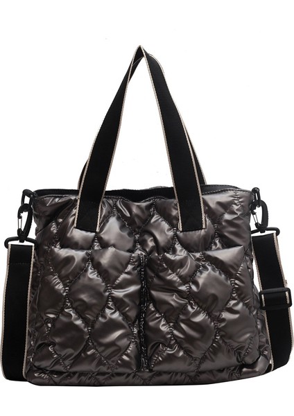 Gümüş Moda Kış Aşağı Naylon Yastıklı Çanta Kadın Büyük Kapasiteli Üst Saplı Çanta Düz Renk Crossbody Çanta Kadın Omuz Çantaları (Yurt Dışından) modelleri