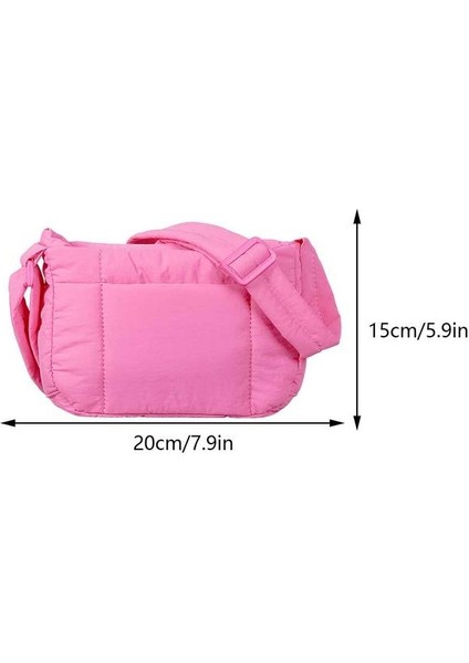 Pembe Naylon Kumaş Kadın Moda Crossbody Çanta Pamuk Yastıklı Satchel Rahat Düz Renk Tek Kollu Çanta Bayanlar Kare Işe Gidiş Omuz Çantaları (Yurt Dışından)