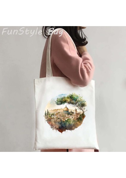 09 35X40CM Kudüs Omuz Çantası Kubbe Kaya Poligon Çizim Bez Çantalar Alışveriş Çantası Hediye Yeniden Kullanılabilir Büyük Omuz Çantaları (Yurt Dışından) modelleri