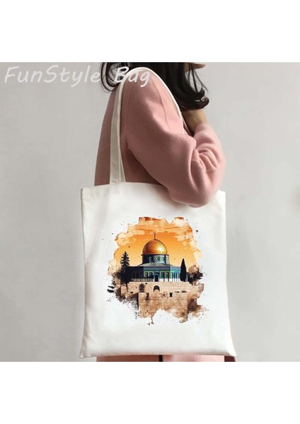 09 35X40CM Kudüs Omuz Çantası Kubbe Kaya Poligon Çizim Bez Çantalar Alışveriş Çantası Hediye Yeniden Kullanılabilir Büyük Omuz Çantaları (Yurt Dışından) fırsatları