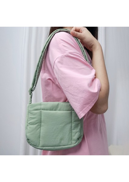 Pembe Naylon Kumaş Kadın Moda Crossbody Çanta Pamuk Yastıklı Satchel Rahat Düz Renk Tek Kollu Çanta Bayanlar Kare Işe Gidiş Omuz Çantaları (Yurt Dışından) indirimleri