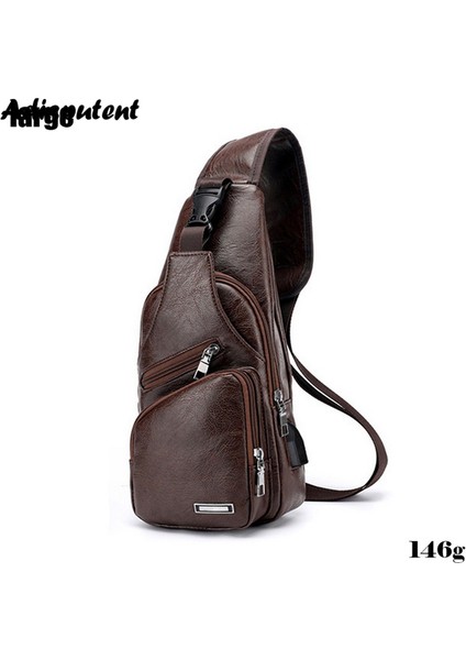 C-Kahve Erkek Göğüs Çantası Kulaklık Delikli USB Şarj Çantaları Çok Fonksiyonlu Sling Çanta Anti Hırsızlık Seyahat Paketi Erkek Iş Omuz Çantaları (Yurt Dışından)