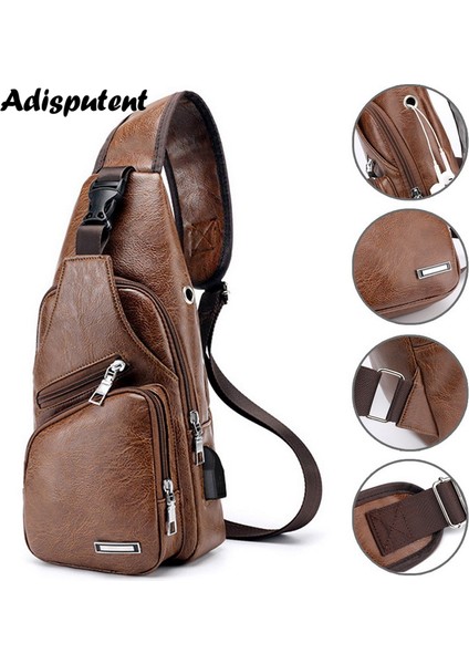 C-Kahve Erkek Göğüs Çantası Kulaklık Delikli USB Şarj Çantaları Çok Fonksiyonlu Sling Çanta Anti Hırsızlık Seyahat Paketi Erkek Iş Omuz Çantaları (Yurt Dışından) indirimleri