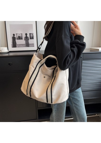 Siyah Kadın Crossbody Çanta Büyük Kapasiteli Kumaş Omuz Bez Çantalar Ayarlanabilir Omuz Askıları Basit Kontrast Renk Alışveriş Çantası (Yurt Dışından) modelleri