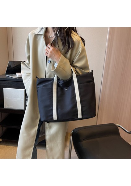 Siyah Kadın Crossbody Çanta Büyük Kapasiteli Kumaş Omuz Bez Çantalar Ayarlanabilir Omuz Askıları Basit Kontrast Renk Alışveriş Çantası (Yurt Dışından) fırsatları