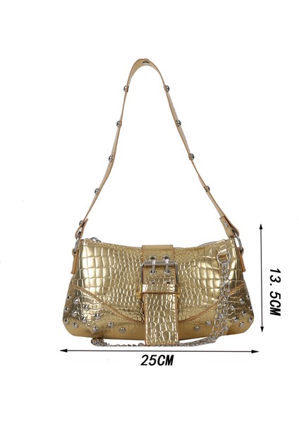 Altın Kadın Hilal Çanta Moda Serin Tarzı Koltukaltı Çanta Katı Renk Lady Kız Yüksek Kaliteli Büyük Çanta Zincir Süsleme ile (Yurt Dışından)